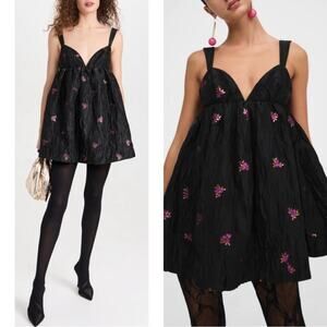 FOR LOVE & LEMONS Sachi Floral Embroidered Jacquard Black Mini Dress Size Small